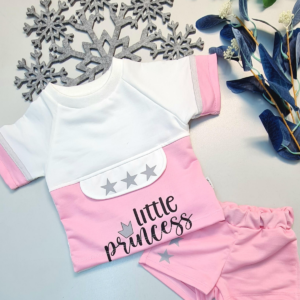 Yazlık Mini Şort Kısa Kol Kız Bebek Takım Little Princess Pembe